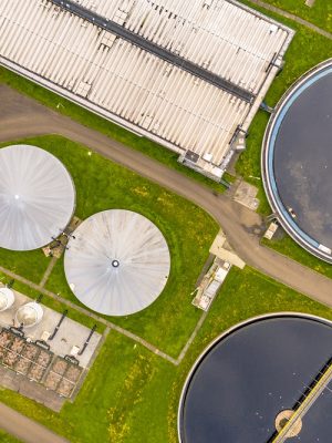 Water treatment plant for sewage waste water purification seen from above, the Netherlands.